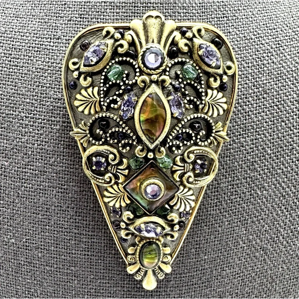 Michal Golan Stamp Brooch Pendant‎ Gold Tone Multi Stone Statement Vintage Style